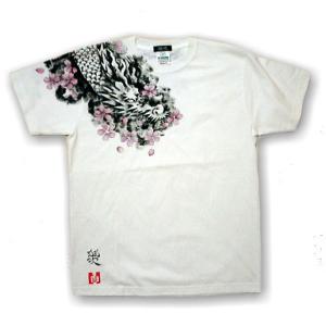 羽水 手描きTシャツ 龍と桜 半袖 長袖 メンズ レディース 和柄 綿100％｜agogo55