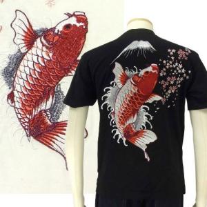 【花旅楽団】 桜と緋鯉柄刺繍 半袖Tシャツ  【SCRIPT】メンズ＆レディース 和柄｜agogo55
