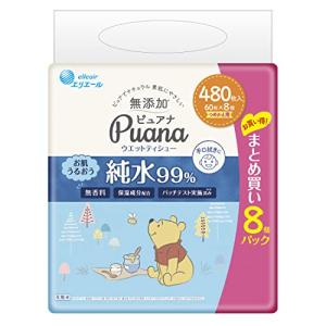 エリエール Puana (ピュアナ) 【無添加】 ウエットティシュー 純水99% つめかえ用 480枚 (60枚×8パック) <ディズニーデザイン>の商品画像