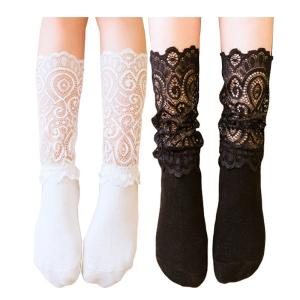 InSomila ベビー キッズ 靴下 ハイソックス クルーソックス 女の子 フォーマル レース付き 2足セット 黒白 (M