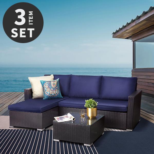 ラタン調 ガーデンファニチャー 3点セット 3人掛け L字 ガーデンテーブル###ソファ机0007-...