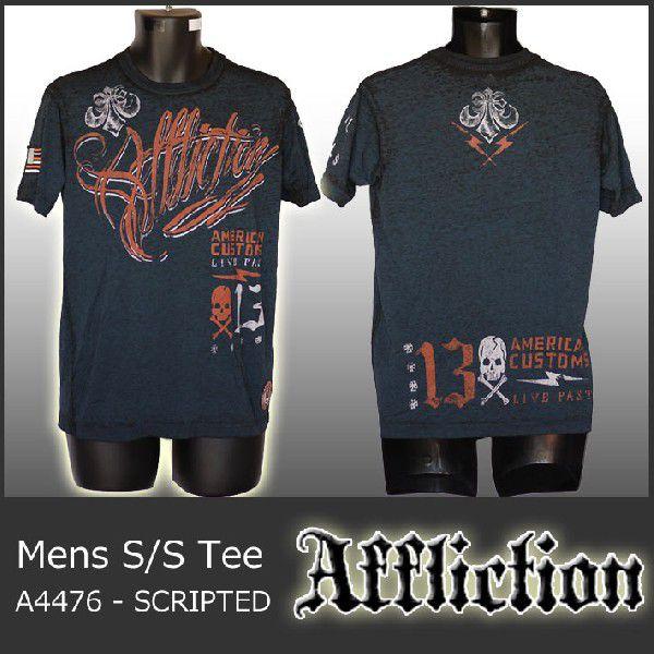 アフリクション Tシャツ メンズ 半袖 丸首 13スカルロゴ/黒青 A4476-SCRIPTED a...
