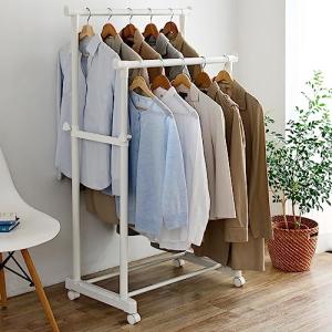 ハンガーラック キャスター付き 縦伸縮 ダブル 幅75×奥行43×高さ89-152cm 組立品 オールホワイト MKS-W