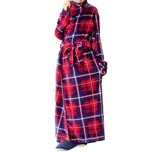 アイリスプラザ fondan 着る毛布 ポケット・ベルト付 特製BOX入り Mサイズ 着丈150cm チェック柄 レッド/ネイビー 静電気防止