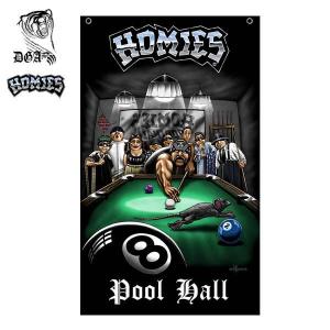 DGA バナー 壁掛け HOMIES Pool Hall インテリア フラッグ タペストリー 大判 旗 ガレージ ブラック ホーミーズ プールホール ビリヤード ローライダー チカーノ｜aicamu