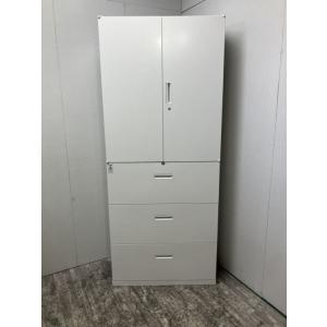 ライオン スチール書庫 幅900 奥行450 高さ2150 カギ1本 棚板2枚 ベース有 オフィス 収納 ホワイト 中古品