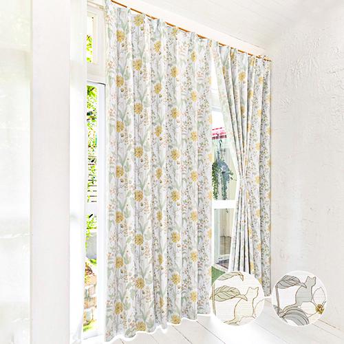 遮光カーテン オーダーカーテン／幅30〜100cm×丈151〜200cm／ボタニカル柄の中に隠れた猫...