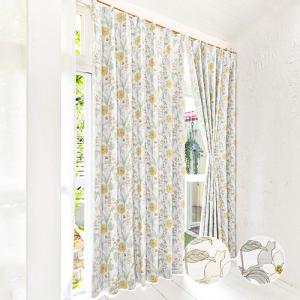 遮光カーテン オーダーカーテン／生地サンプル／ボタニカル柄の中に隠れた猫が可愛い2級遮光カーテン「キティン」