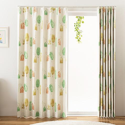 遮光カーテン オーダーカーテン／幅30〜100cm×丈201〜250cm／街の風景が水彩調で表現され...