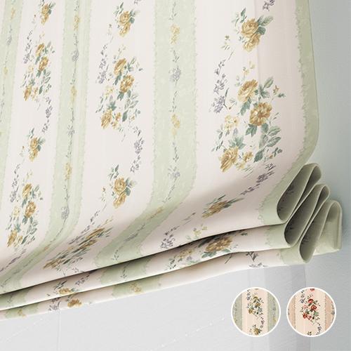 ローマンシェード ダブル／幅30〜60cm×丈40〜80cm／バラのデザインをプリントした小花柄ダブ...