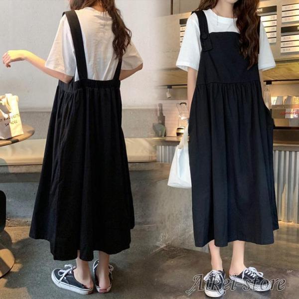 サロペットスカート レディース 40代 マキシワンピース 春夏 サロペットスカート黒ジャンパースカー...