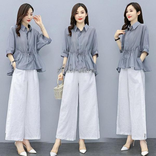セットアップ レディース 春夏 オシャレセットアップ 五分袖ブラウス ロング丈ワイドパンツ リネン ...
