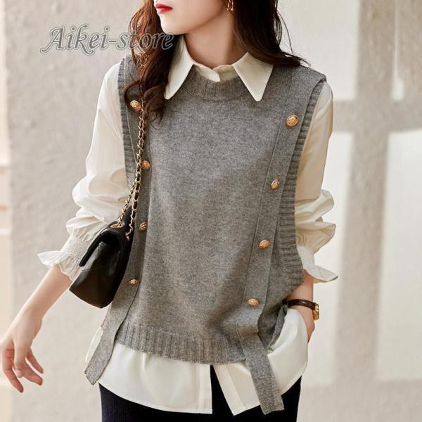 ニットベスト レディース トップス 女性 チョッキ ノースリーブ ゆったり プルオーバー ベスト セ...