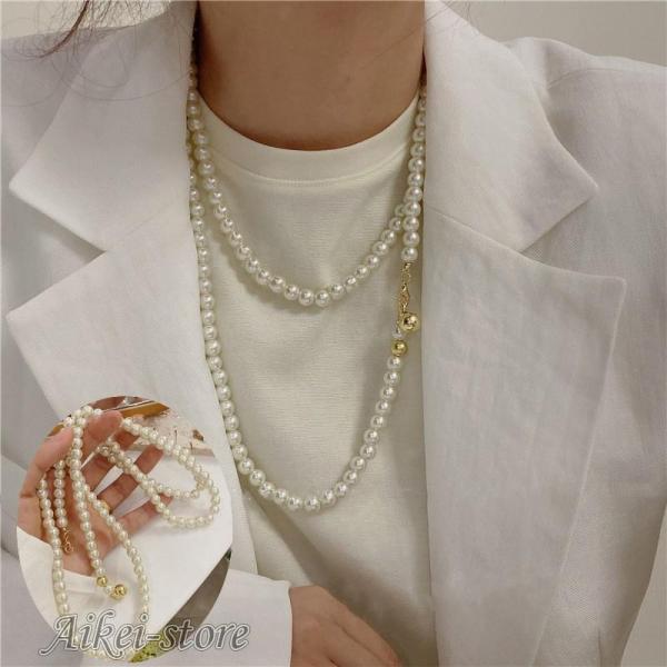 ネックレス 2連 レディース 女性用 アクセサリー ゴールドカラー フェイクパール ロング 大人可愛...
