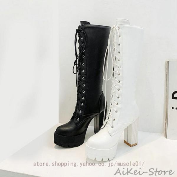 ファッションブーツ レディース ハチゴウ ゴスロリ風 編み上げ 厚底 レザー ロング ブーツ レース...
