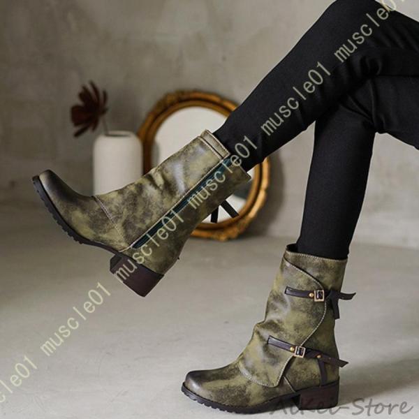 ベルト ローヒール エンジニアブーツ レディース サイドジッパー ショート くしゅくしゅブーツ 大き...