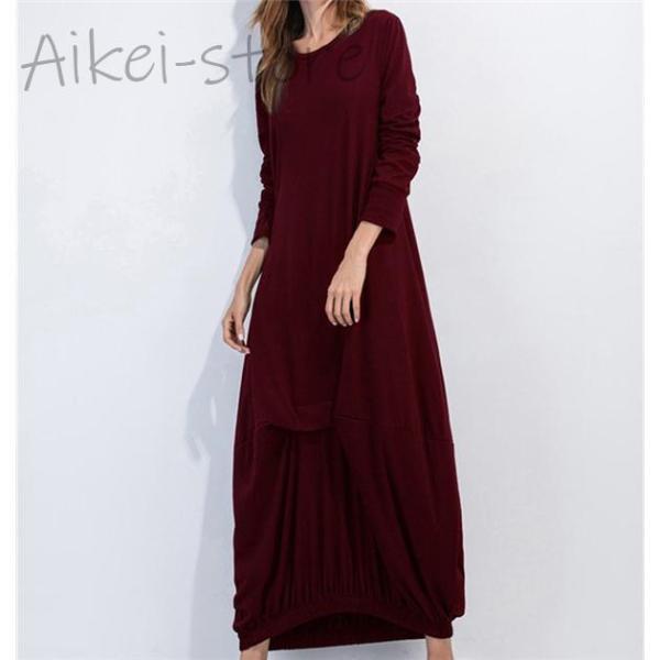 ロングワンピース 長袖 レディース マキシワンピ クルーネック ロング丈 ゆったり ミモレ丈 体型カ...