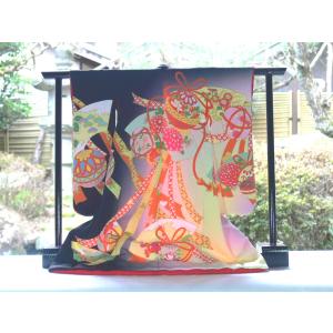 送料無料 ミニチュア着物1/5振袖絵羽キット 糸車に花散らし/金茶（衣桁