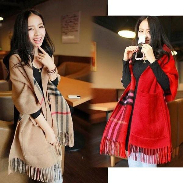 ベージュ現品限　ラスト　大判裏ポケット付き　フリンジ　チェック　×　無地　リバーシブル　ポケット付　...