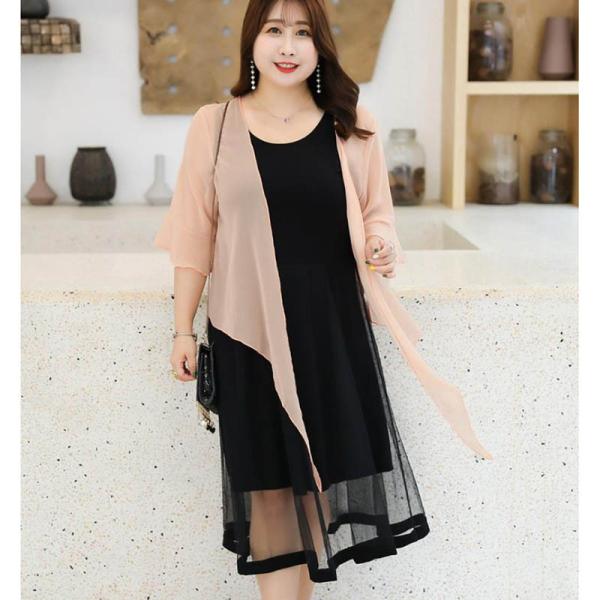 【超大きいサイズ】シースルータンクワンピース+シフォントップス　フェミニン　二枚セット　1906　1...