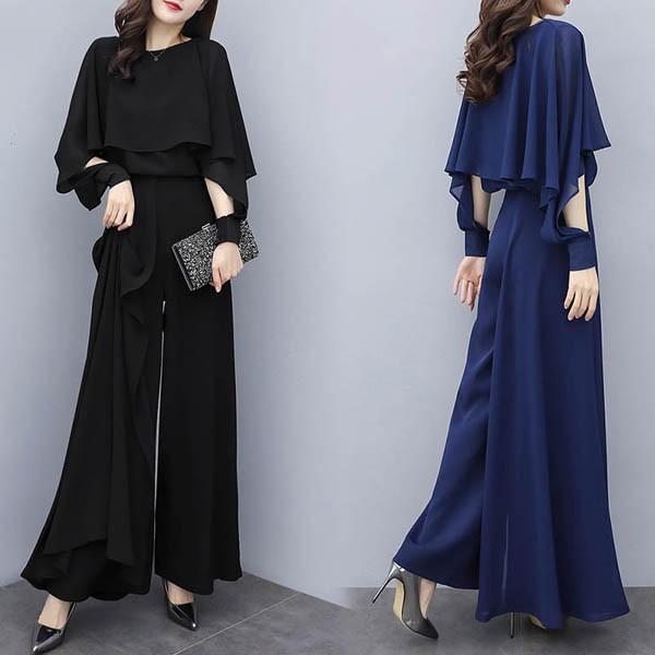 【大きいサイズ　S-3L】フレアシフォンブラウス + ワイドパンツ　セットアップ　アンサンブル　ドレ...