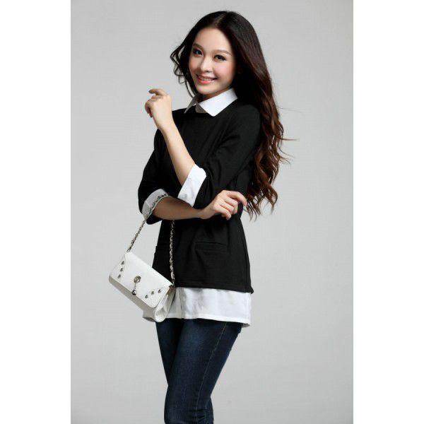 配色切替ブラウス　シャツ　重ね着風　レディース　現品限り　特価　夏秋　五分袖　トップス　着痩せ　シン...