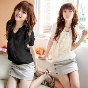 ブラウス　トップス　胸元フリル　夏服　レディース　現品限り　特価　シフォン切替　半袖　エレガント　大...