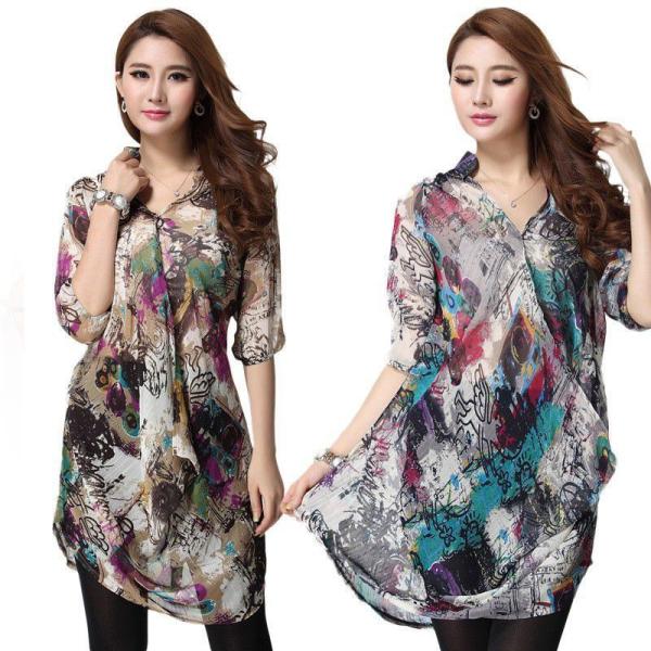全2色　Vネックチュニック　ブラウス　夏秋　レディース　現品限り　特価　プリント　五分袖　トップス　...
