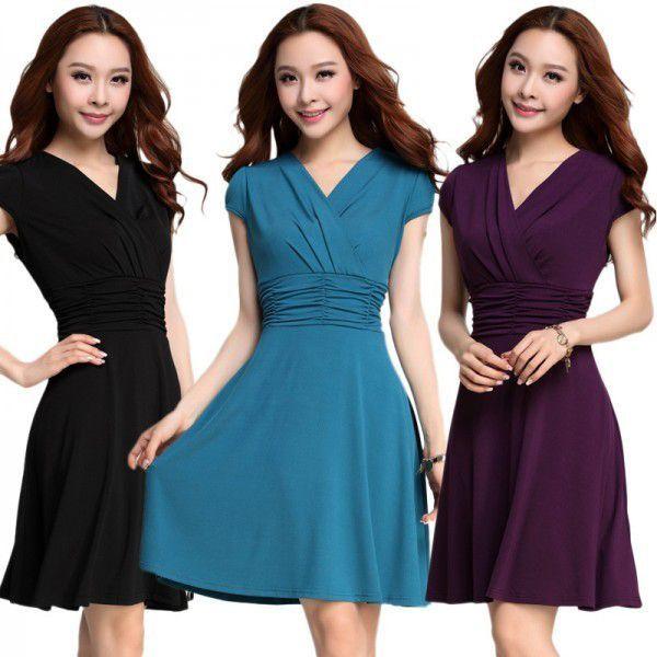 全3色　Vネックワンピース　エレガント　夏　現品限り　特価　レディース　無地　スリムワンピース　半袖...