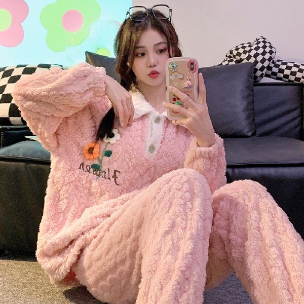 新着　大きいサイズ　M-6L　全2色　パジャマ　上下2点セット　暖か　フランネル　襟付き　防寒　部屋...