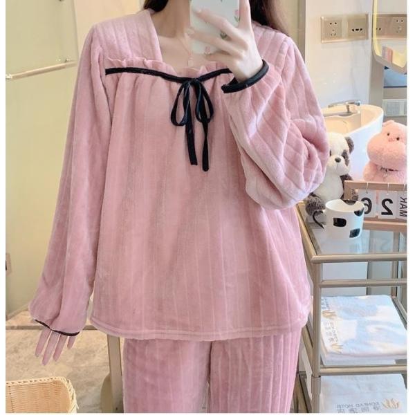 新着　大きいサイズ　3L-6L　全2色+2柄　あったかパジャマ　フランネル　スクエアネック　胸元フリ...