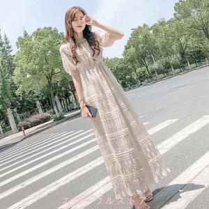マキシワンピース レデイース シフォン 半袖 プリーツ 夏 ロング丈
