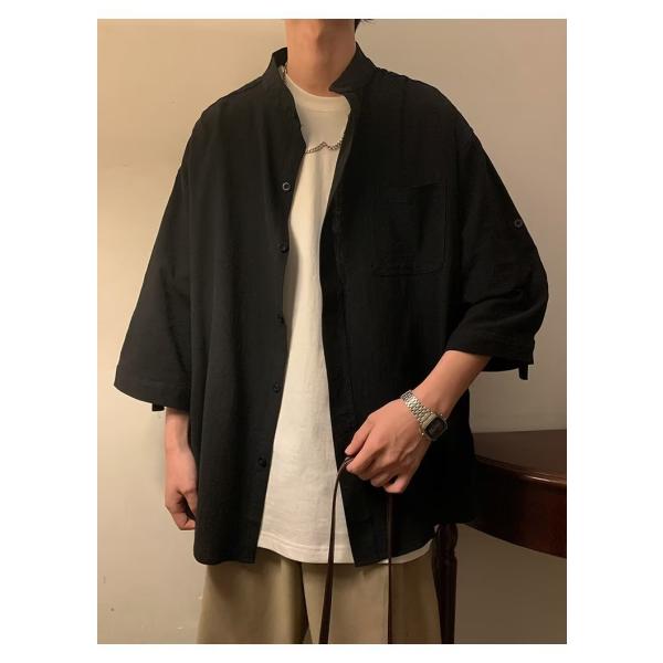 シャツ バンドカラー メンズ 半袖シャツ ノーアイロン加工 胸ポケット 七分袖 7分袖 長袖 襟なし...