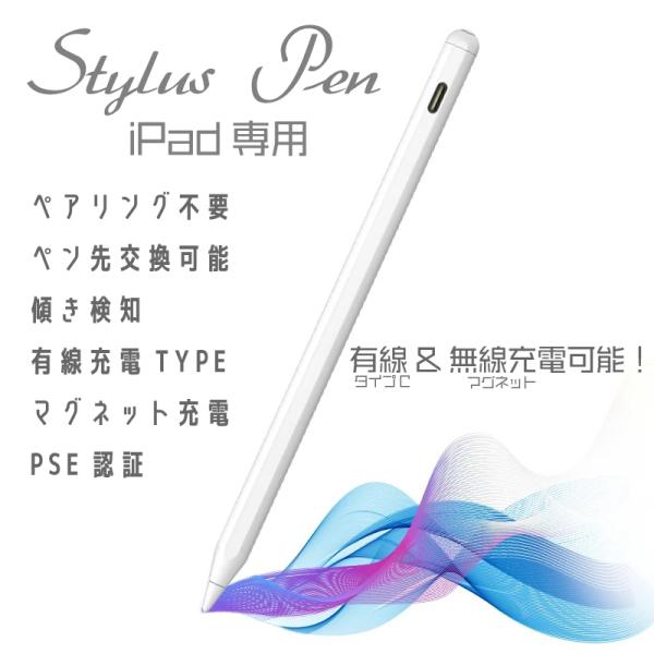 タッチペン マグネット充電 有線充電 スタイラスペン iPad ペン 超高感度 極細 ipad pe...
