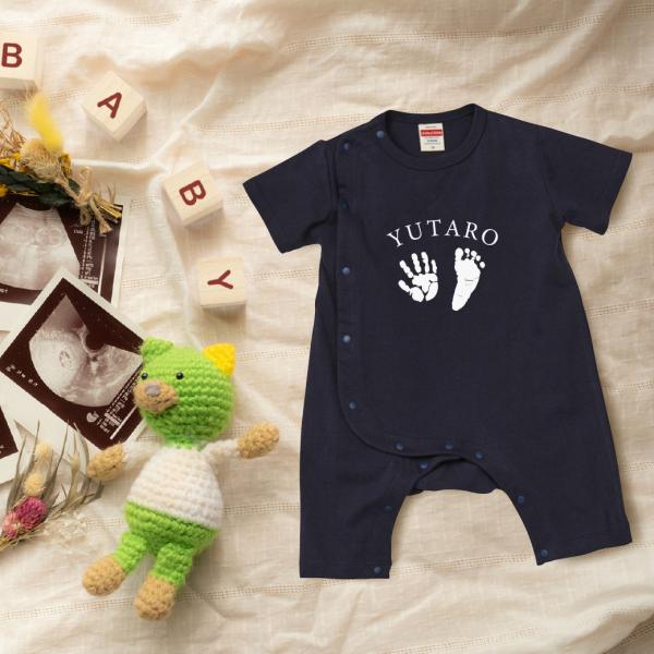 【ベビーカバーオール 手型・足型】 ロンパース 半袖 70 80 出産祝い 出産記念 カスタマイズ ...