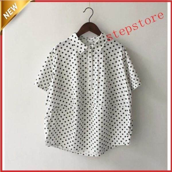 ポロシャツレディース半袖シャツ 水柄学園風 綿麻Ｔシャツ森ガール風ガールズシャツ可愛4色ゆったりス上...