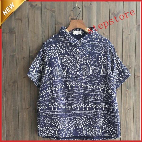 綿麻ポロシャツレディース半袖シャツ学園風 Ｔシャツ森ガール風ガールズシャツ小花柄4色ゆったりス上着2...