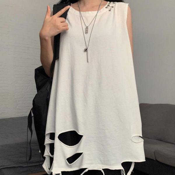 タンク メンズ レディース ダメージ加工 HIPHOP 春夏 ロング丈ス 韓国ファッション 原宿 B...