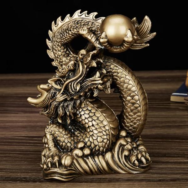 龍の置物 龍 置物 玄関 風水 開運グッズ 龍神 尻尾に玉を持つ龍 五本爪 竜 樹脂 ブロンズゴール...