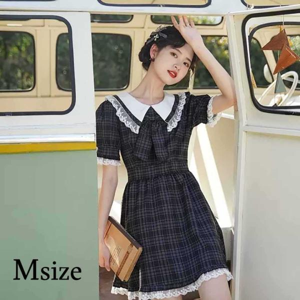 ハロウィン コスプレ パーティー ワンピース チェック柄 ブラック 半袖 Mサイズ リボン 膝上 ゴ...