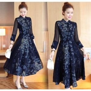 ネイビー綿のチャイナドレス ロング 演奏会 パーティードレス