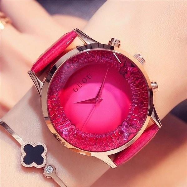 GUOU ガラスカットがエレガントなファッション腕時計(レッドorブルーorブラックorパープルor...