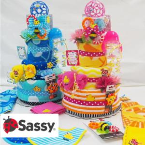 おむつケーキ ＳＡＳＳＹ タオル 歯固め スタイ タオル ラトル ストローボトル オーボール 出産祝い 男の子　女の子
