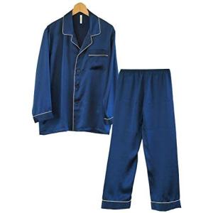 パジャマ シルク100% サテン メンズ 紳士用 男性用 インディゴ ゴールド パイピング 上下セット L/XL/XXL (ネイビー L)｜airymotion