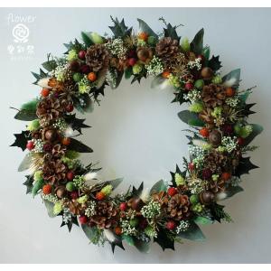 クリスマスリース ドライフラワー 赤いリボン ベル ヒイラギの葉に