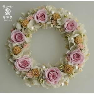 プリザーブドフラワーリース　ピンクのバラに白いアジサイ　アンティークなイメージ　ギフト プレゼント 誕生日｜aisaisai
