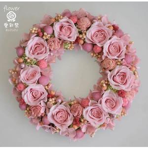 母の日 プリザーブドフラワーリース　ピンクのバラがいっぱい　かわいらしいピンクのお花　ギフト プレゼント 誕生日｜aisaisai