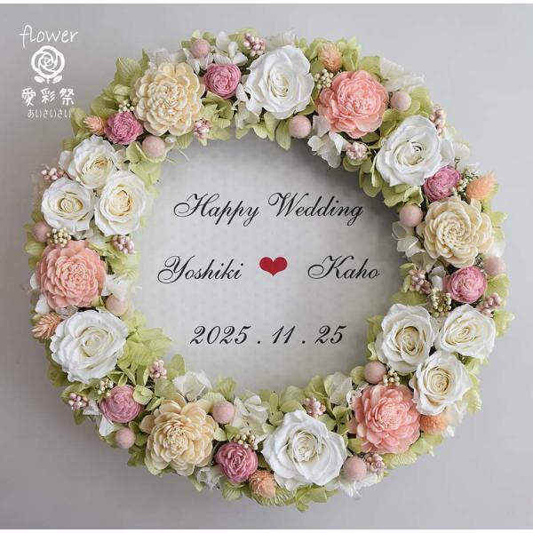 ウェルカムリース　結婚式　プリザーブドフラワー　白いバラ・グリーンのアジサイ　ウエディング　ギフト ...