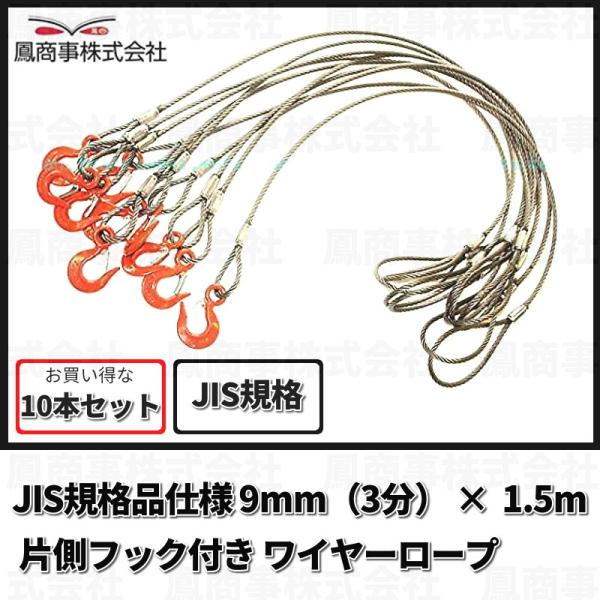 鳳商事株式会社 Φ9mm(3分) フック付ワイヤーロープ 10本セット (1.5m) 玉掛け メッシ...