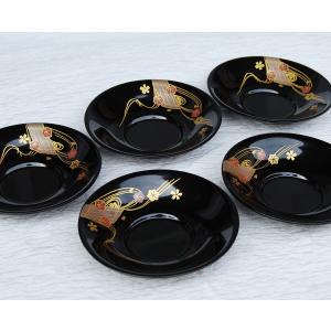 黒 4.2 百合型茶托 花筏 5枚セット 5P（漆塗り 和柄蒔絵
